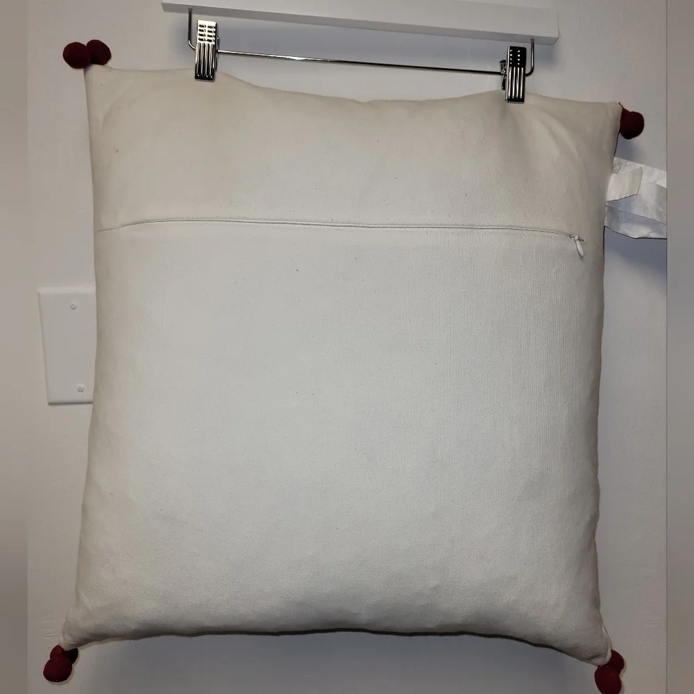 Enchanté Accessories White Red Embroidered Snowflakes Rhinestones Pompom Pillow